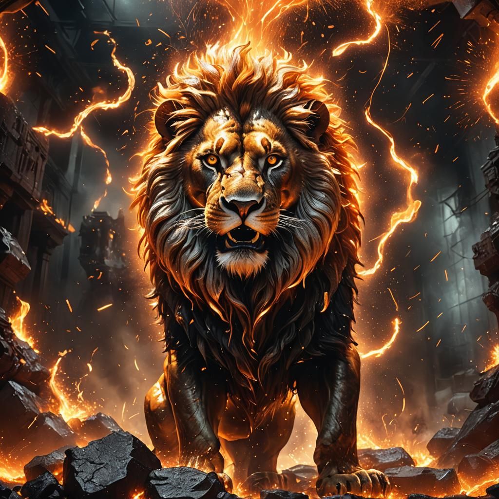 Molten Metal Lion in Fiery Display