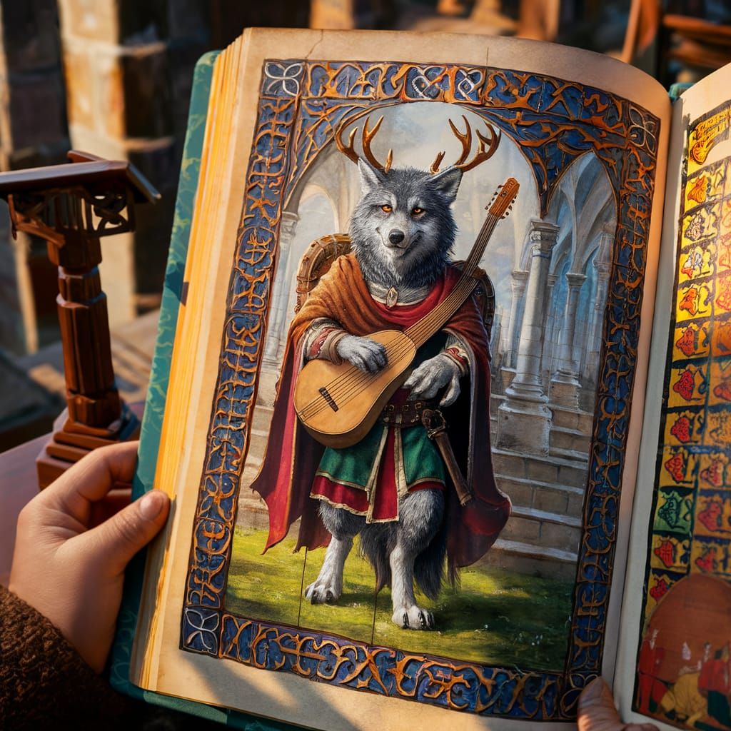 Medieval Wolf Bard with Antlers, Illuminated Manuscript Art