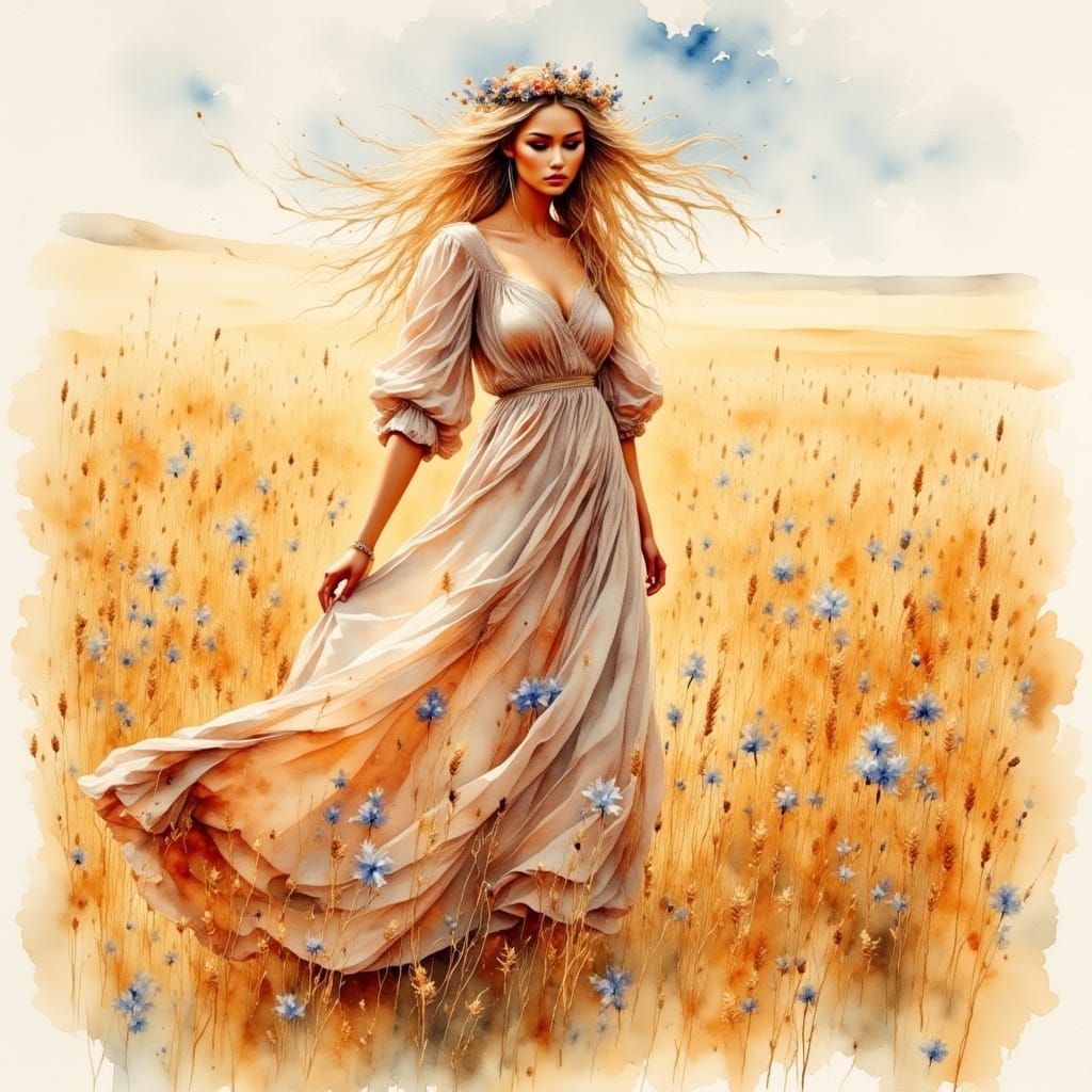 Bohemian Woman in Wildflower Field, Watercolor Style