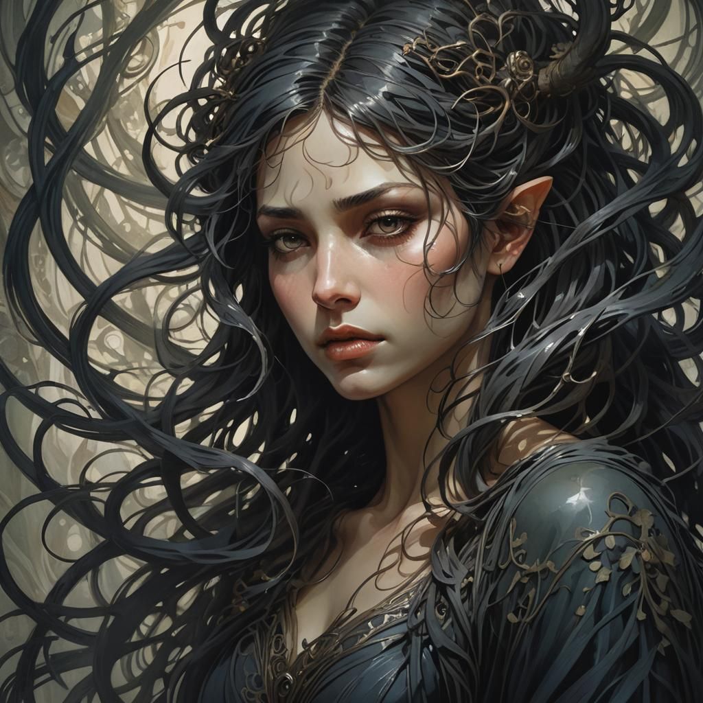 Ethereal Figure in Dark Fantasy Art Nouveau Style