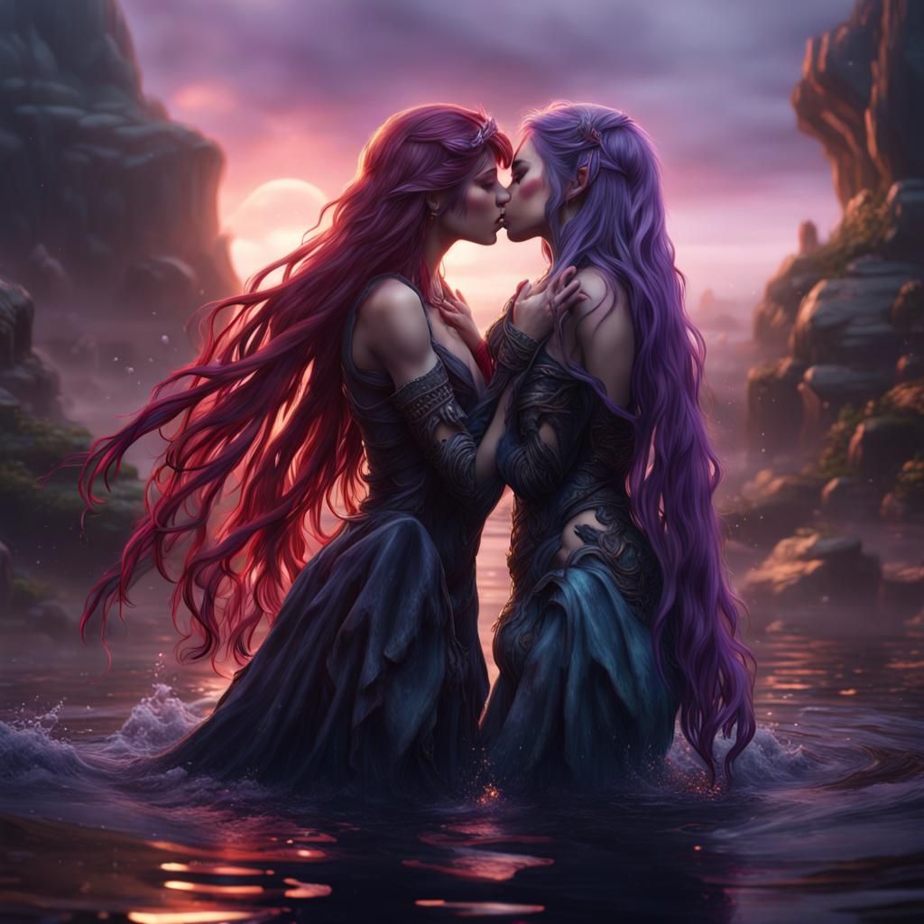 Two Women Kissing in Water: Fantasy Concept Art