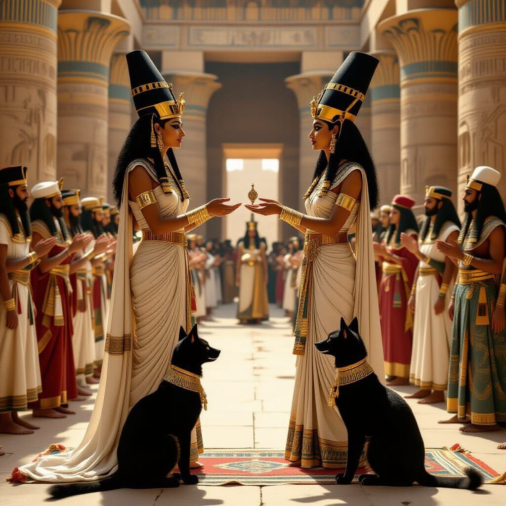 Nefru Presents Amulet to Pharaoh with Bastet