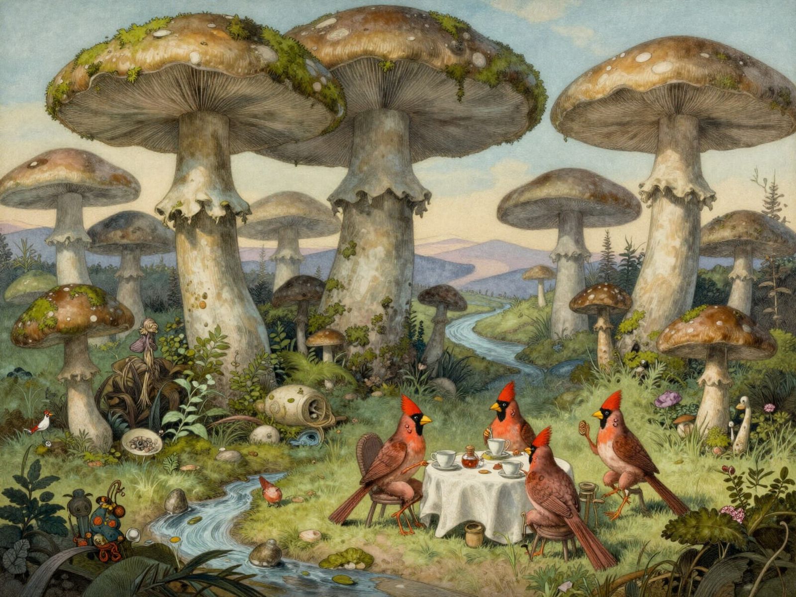 Cardinals Tea Party in Giant Mushroom Landscape