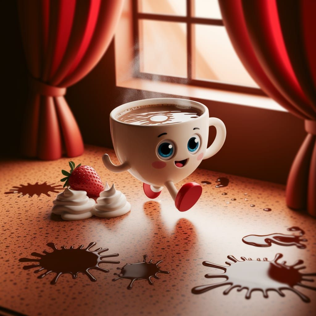 Cute Coffee Cup Character in a Cozy 3D Scene