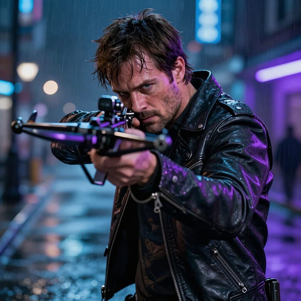 Daryl Dixon Aims Crossbow in Rainy Neon City