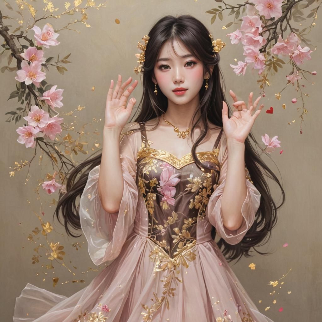 Anime Style: Beautiful Japanese Woman with Golden Dress
