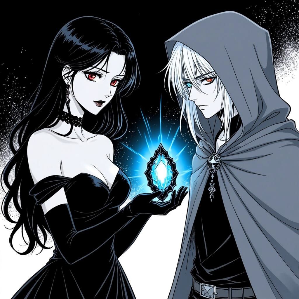 Manga Scene: Woman Offers Glowing Artifact to Anguished Man