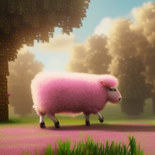 Pink Magic Sheep in Minecraft-Inspired Landscape