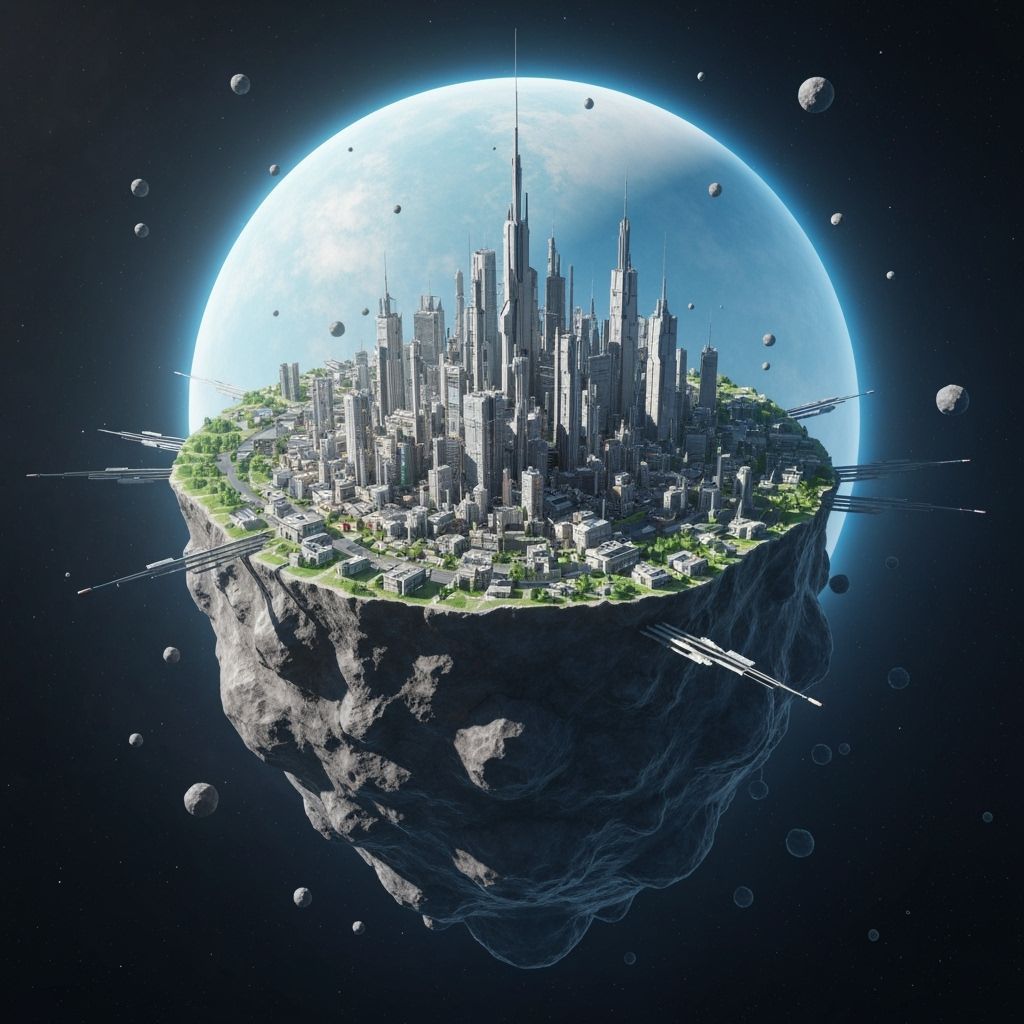Asteroid Cityscape in 3D Anime Style