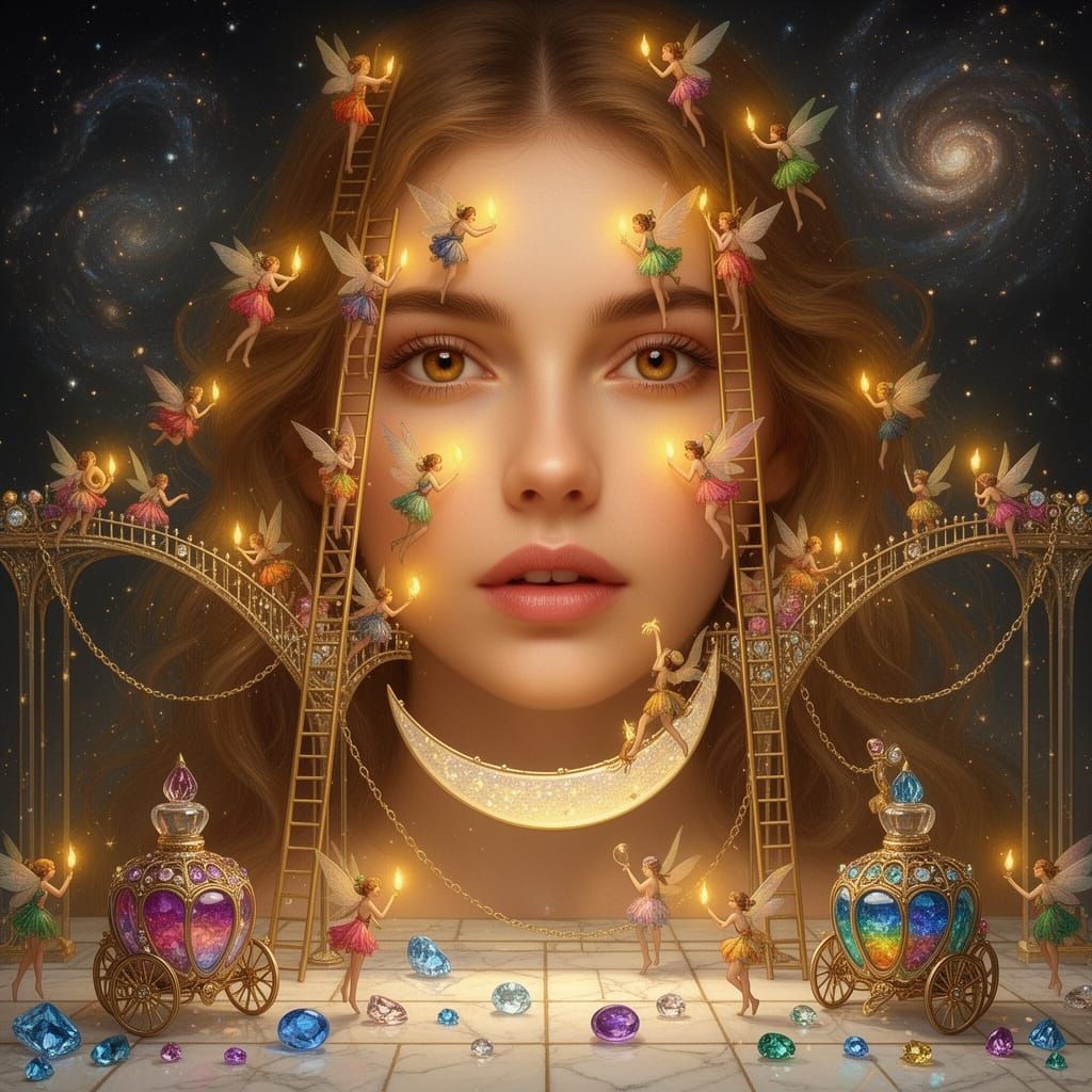 Fantastical Portrait of Woman with Swarming Fairies