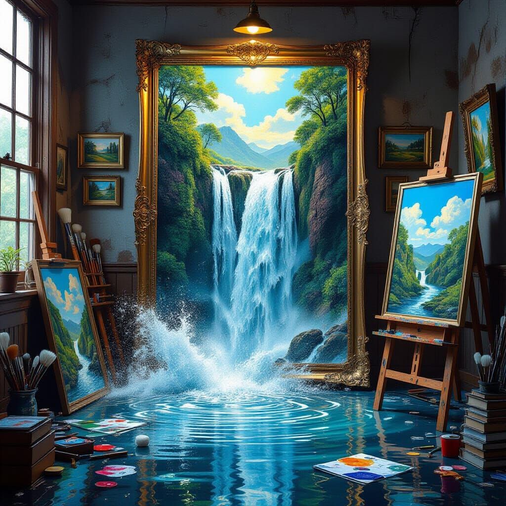 Surreal Artist Studio with Waterfall Painting