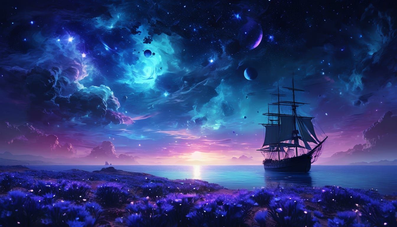 "A breathtaking cosmic scene blending the beauty of space and the sea. A majestic nebula, swirling with deep blues, purp...