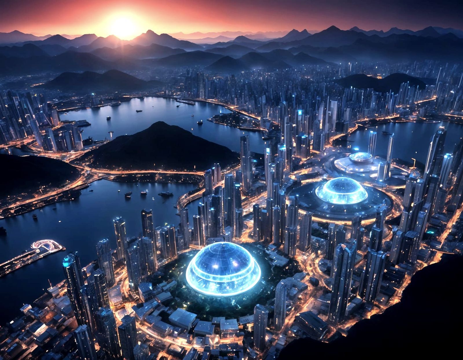 Futuristic Metropolis on Exoplanet with Glowing Biodome