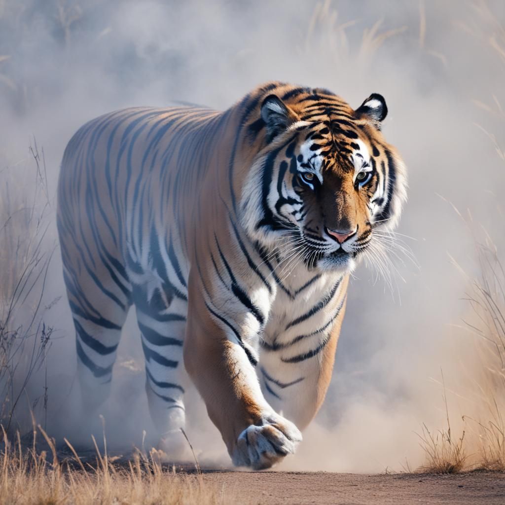 Tiger Emerges from Smoke-Filled Darkness