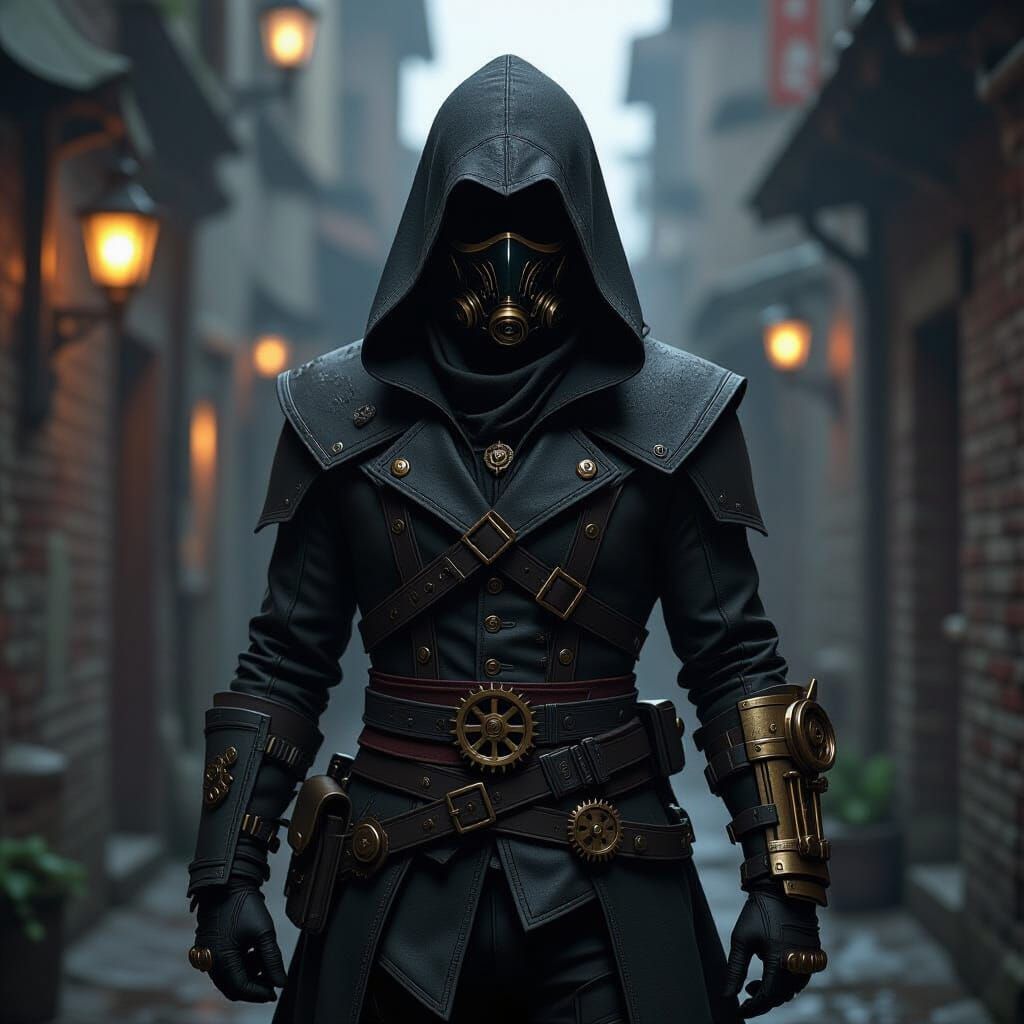 Steampunk Assassin in Grimy Alleyway