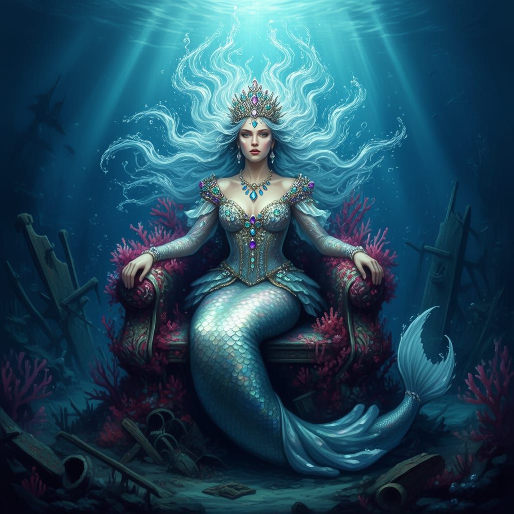 Ethereal Mermaid Queen on Coral Throne in Deep Ocean