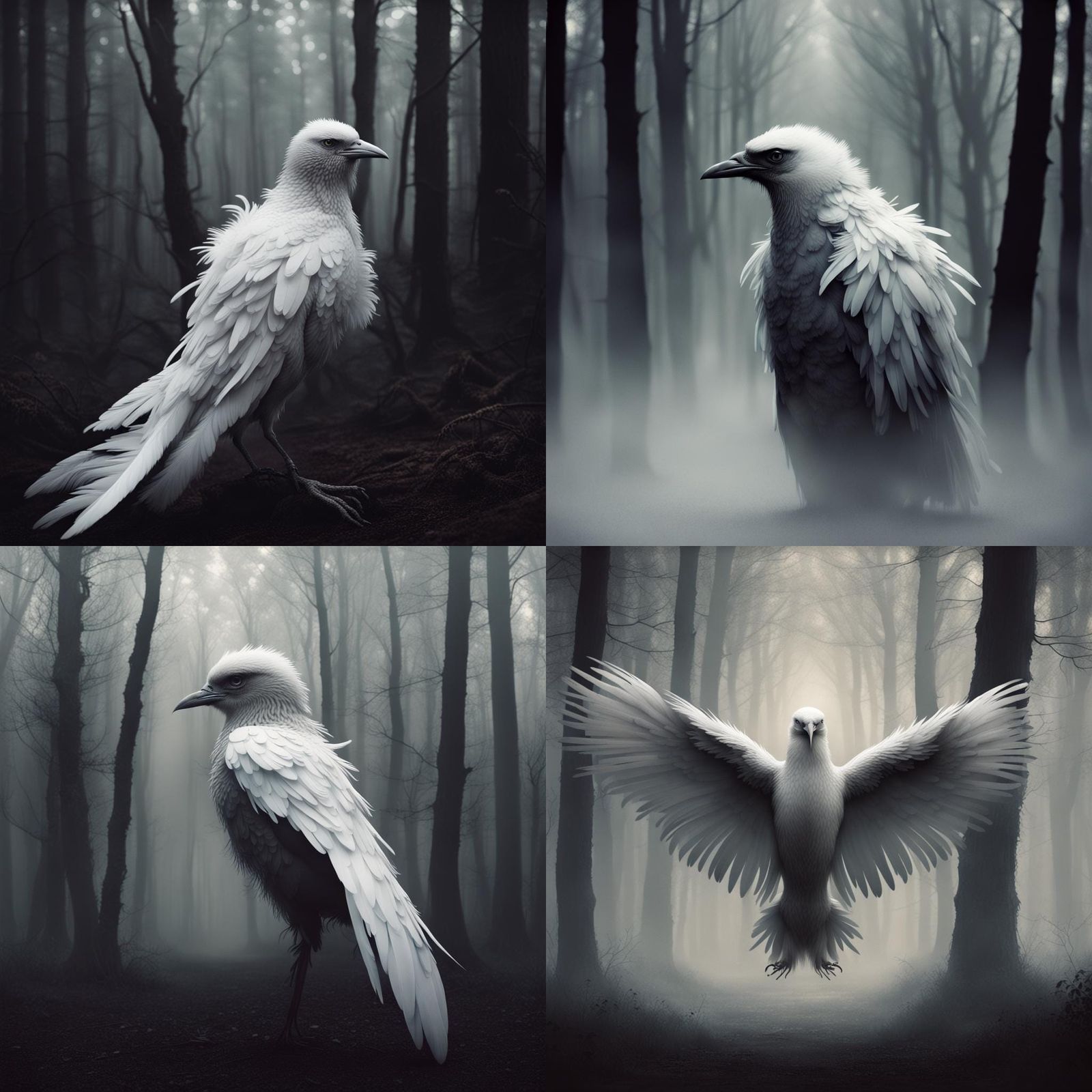 Creepy White Feathered Bird Cryptid in Foggy Forest