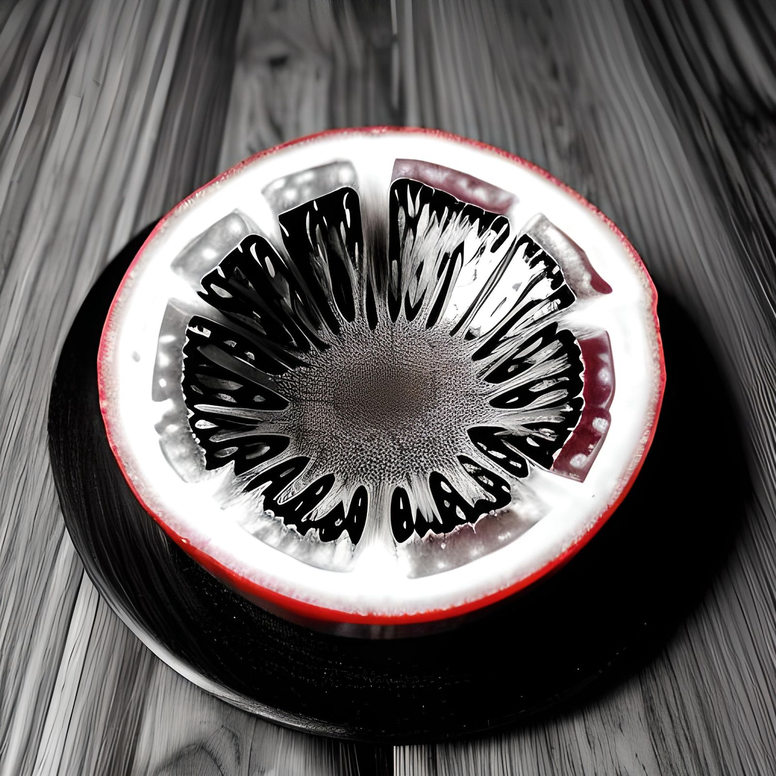 In peter kemp style, still shot of a tomato cut in half over...