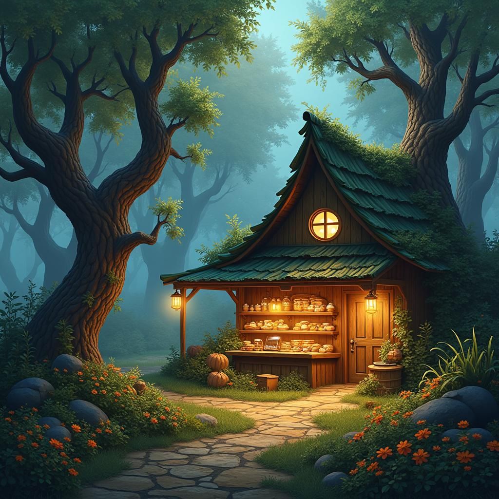 Enchanted Forest Bakery in Fantasy Concept Art Style