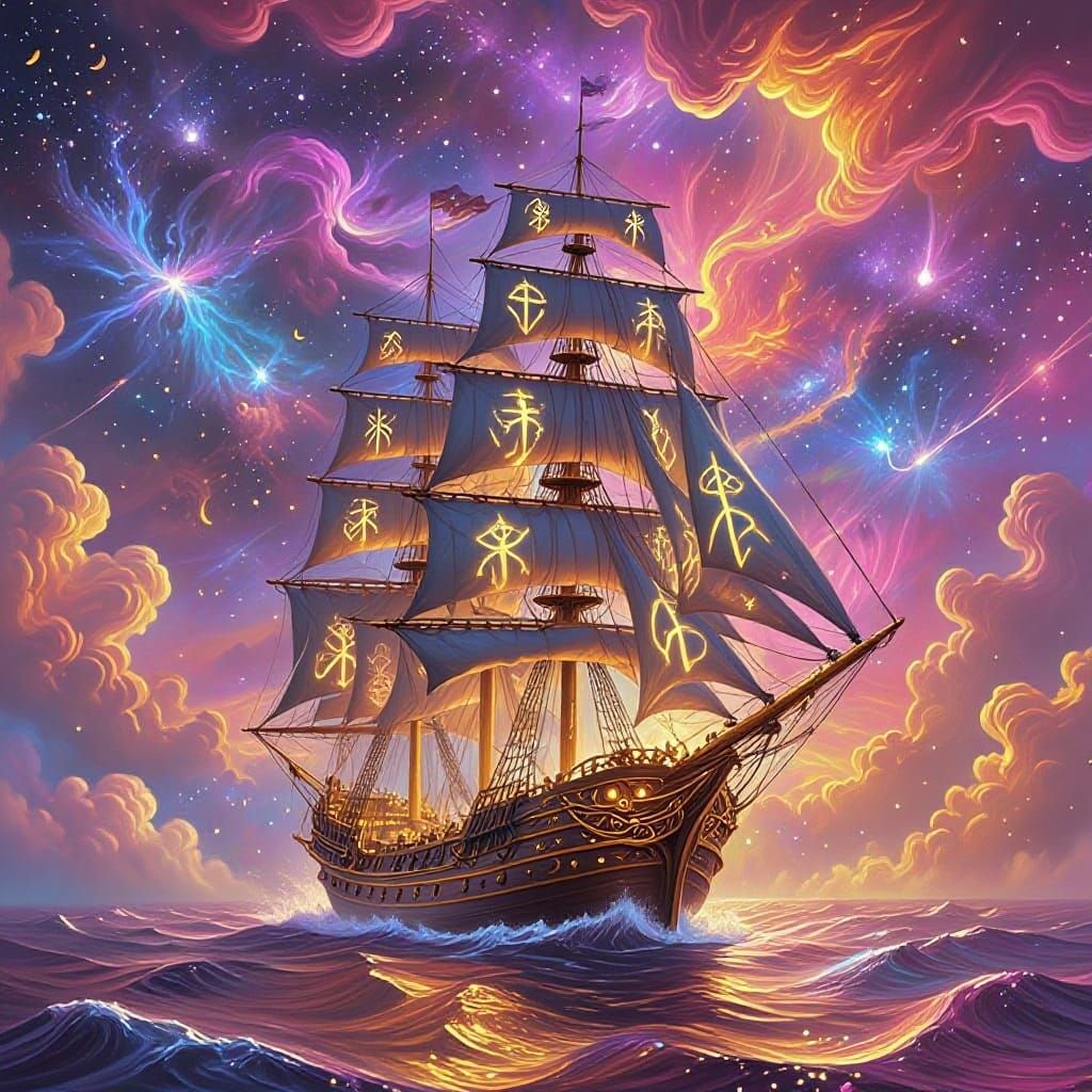 Schooner Ship Sailing Through a Nebula in Digital Art