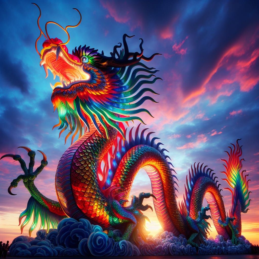 Prismatic Dragon Shimmers in Twilight Sky