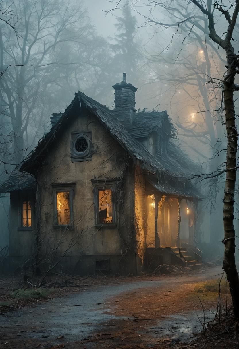 Mysterious cinematic film still. Medium shot. An old house s...