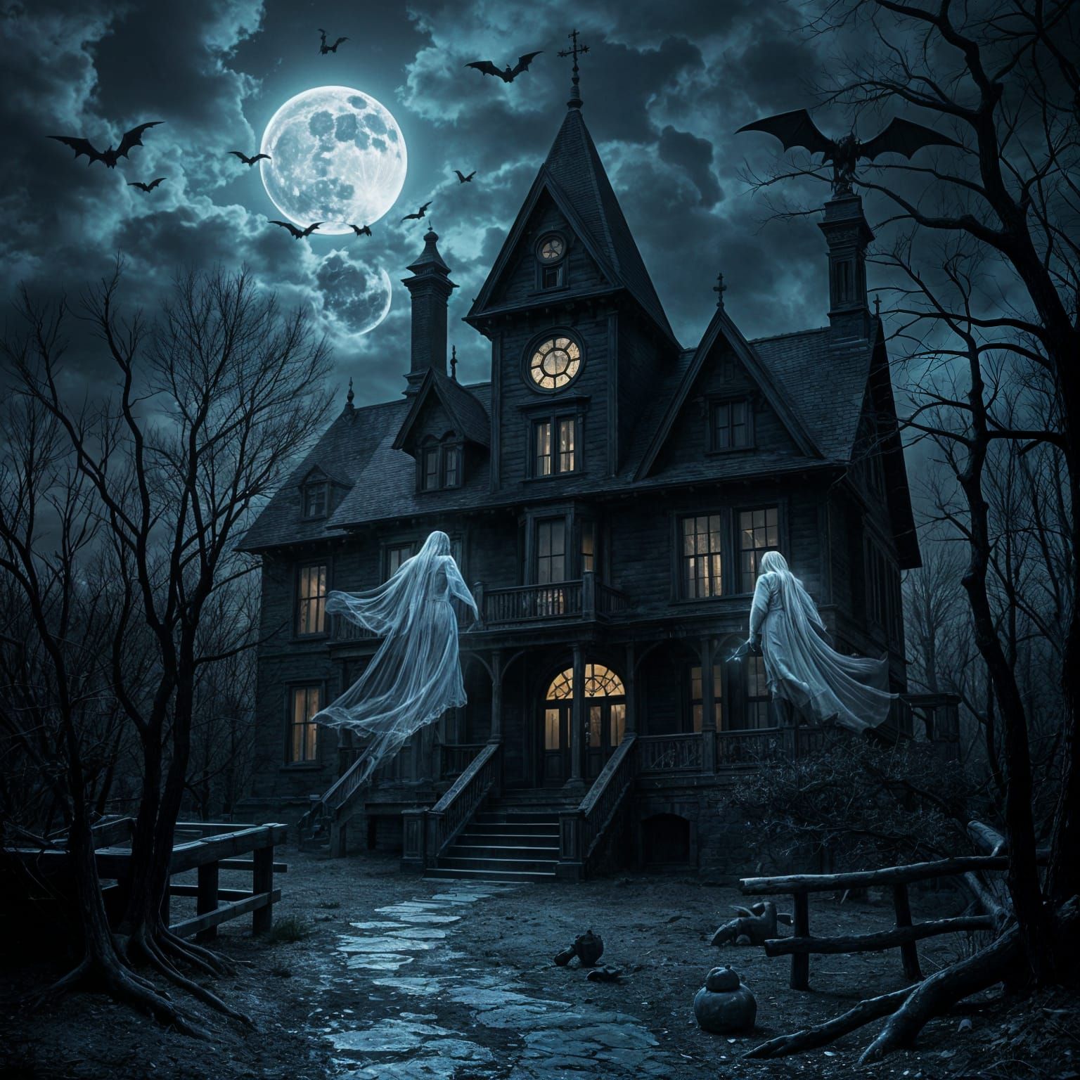 Eerie Haunted House at Night with Apparitions