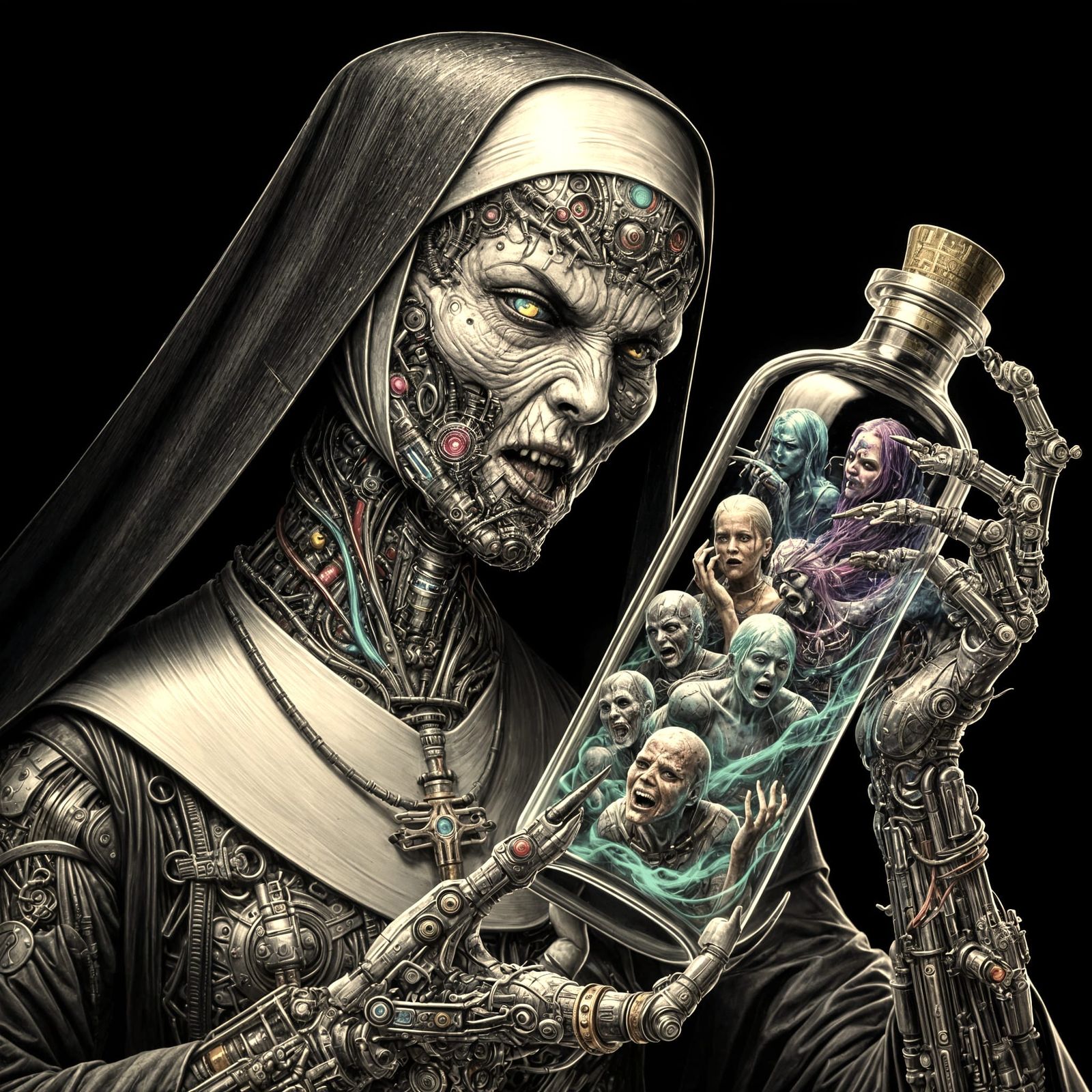 Cyberpunk Nun with Souls in a Bottle