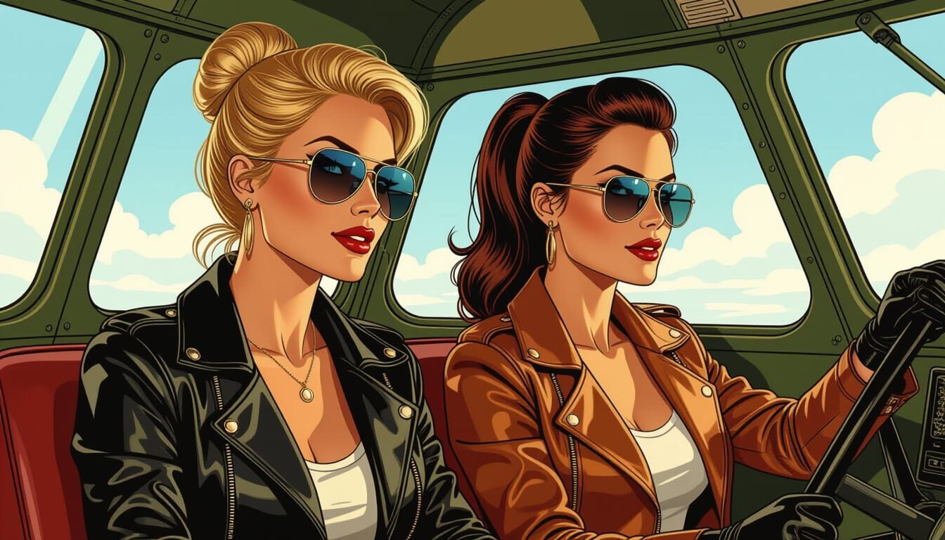Elegant Women Pilots in Vintage DC-3 Cockpit Illustration