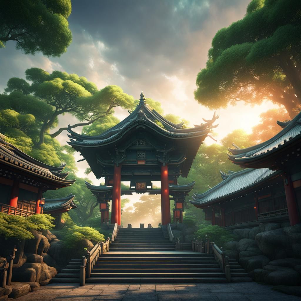 Shinto Shrine with Dragon at Sunset in Fantasy Art