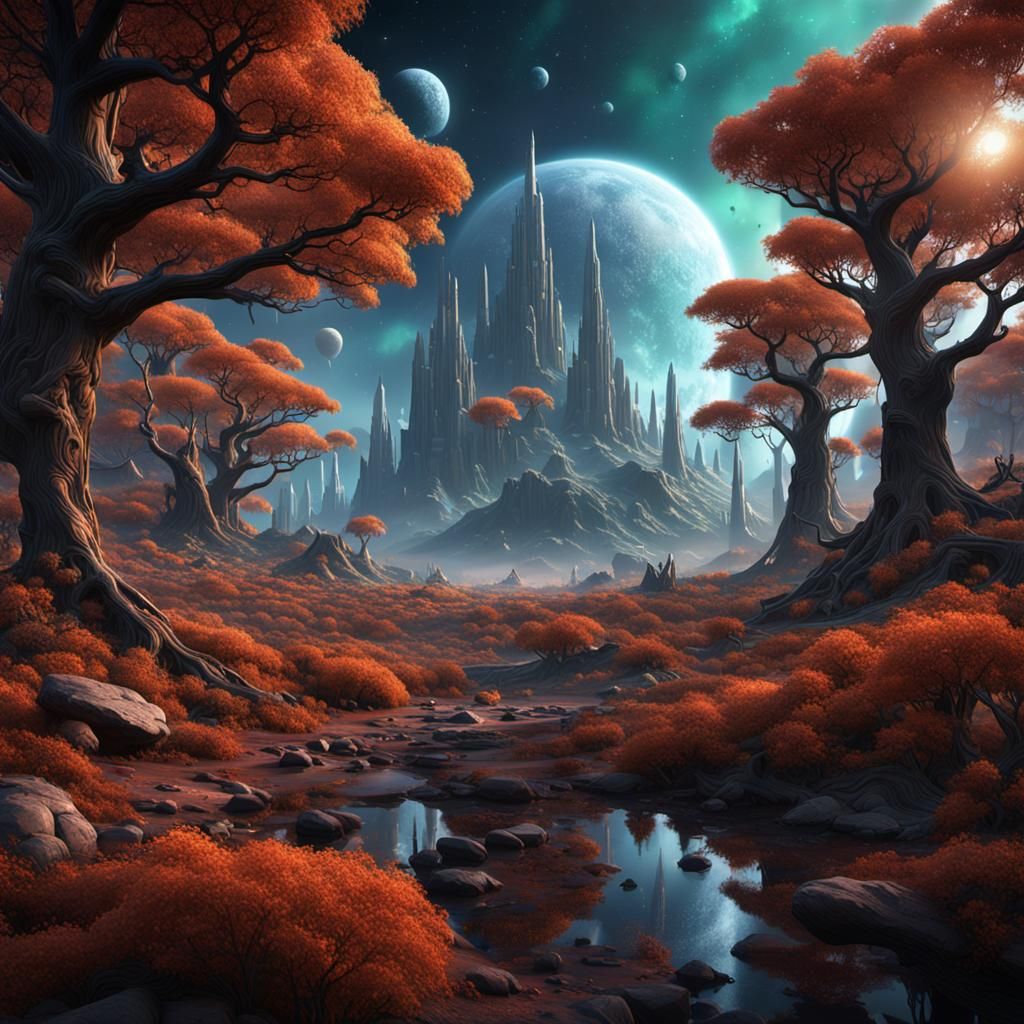 Cosmic Mars Woodland Forest: Detailed Matte Painting