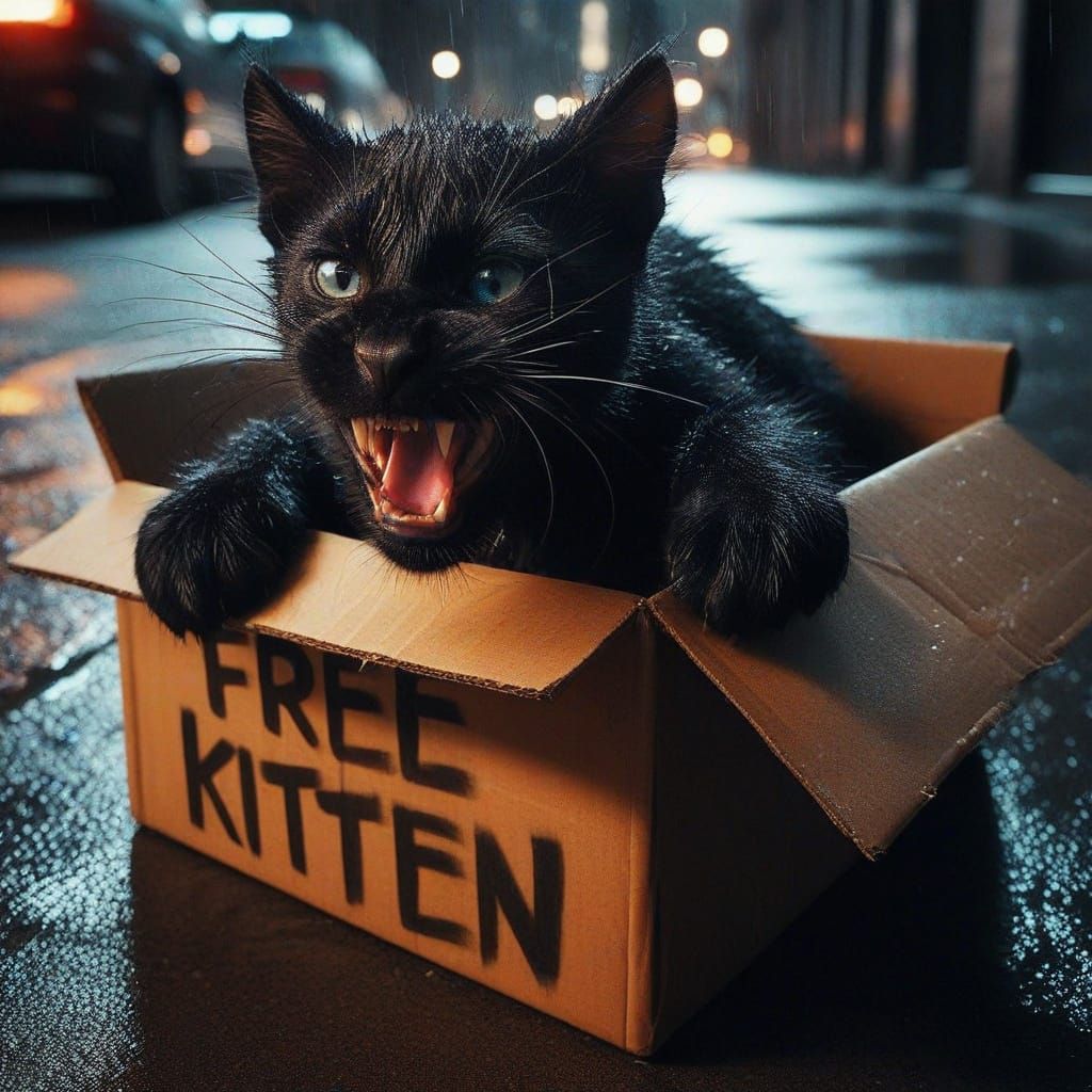 Moody Black Panther in Torn Cardboard Box, FREE KITTEN, Dark...