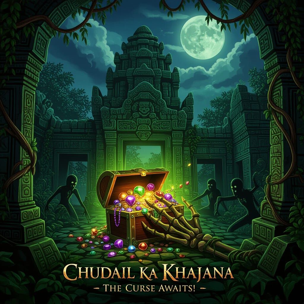 Ancient Temple Treasure Chest Poster in Dark Fantasy Style