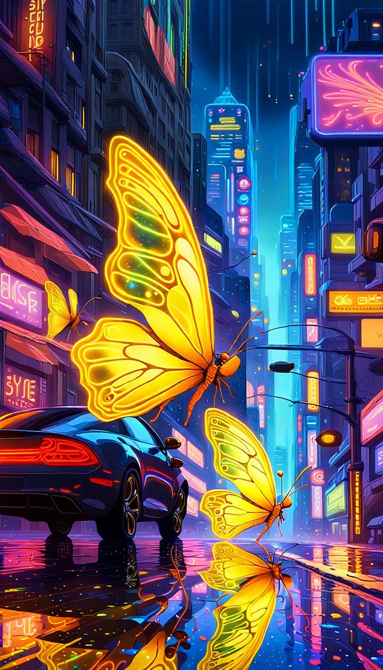 Neon Cityscape with Yellow Butterflies in Digital Art