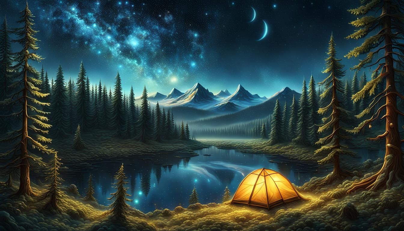 Dreamy Starlit Forest in Vibrant Liquid Gold Light