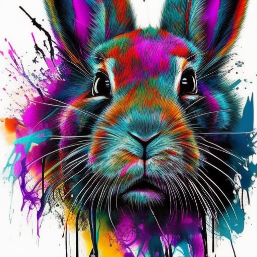 Hyperrealistic Inkblot Rabbit Portrait in Cartoon Style