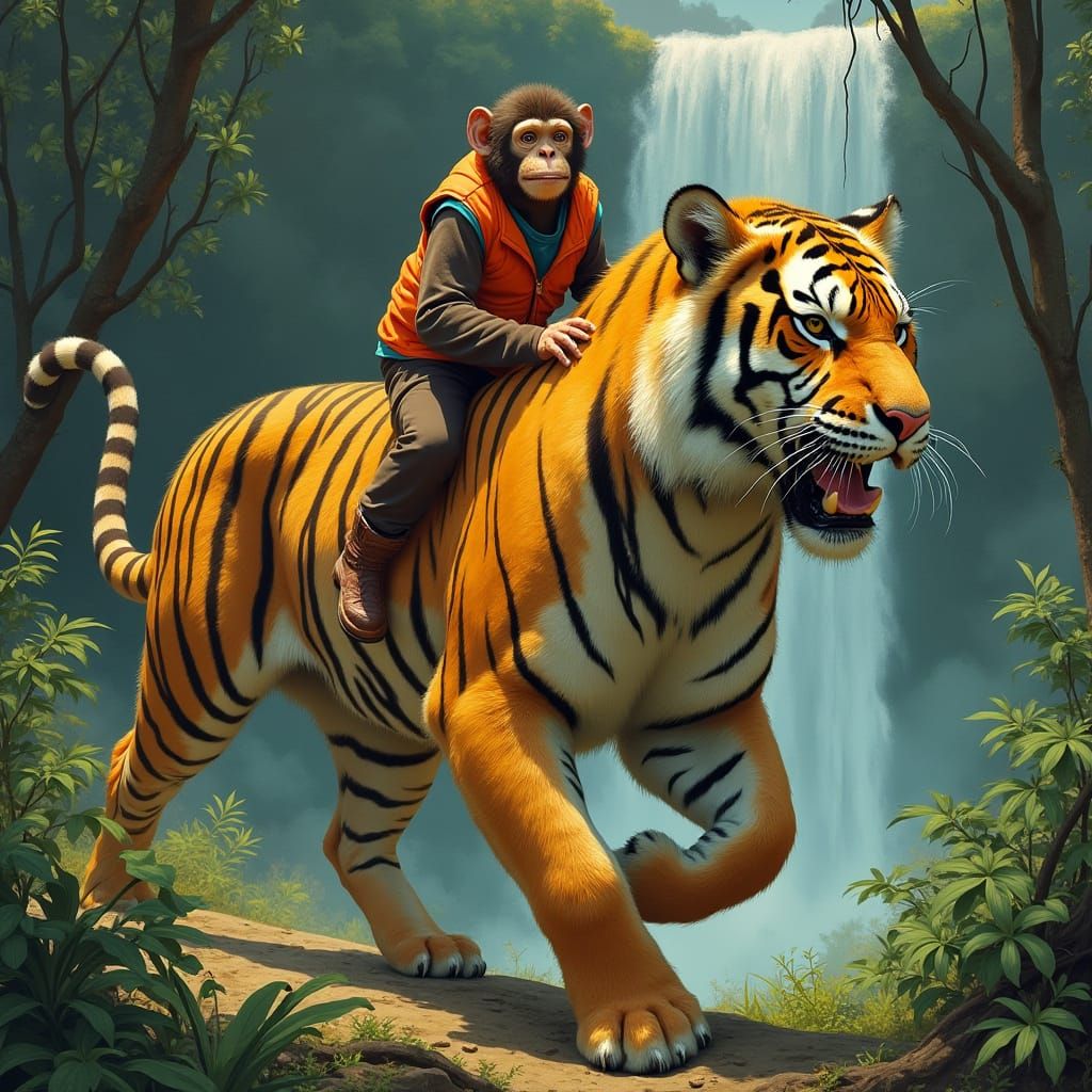 Monkey Riding Tiger in Lush Jungle, Fantasy Art