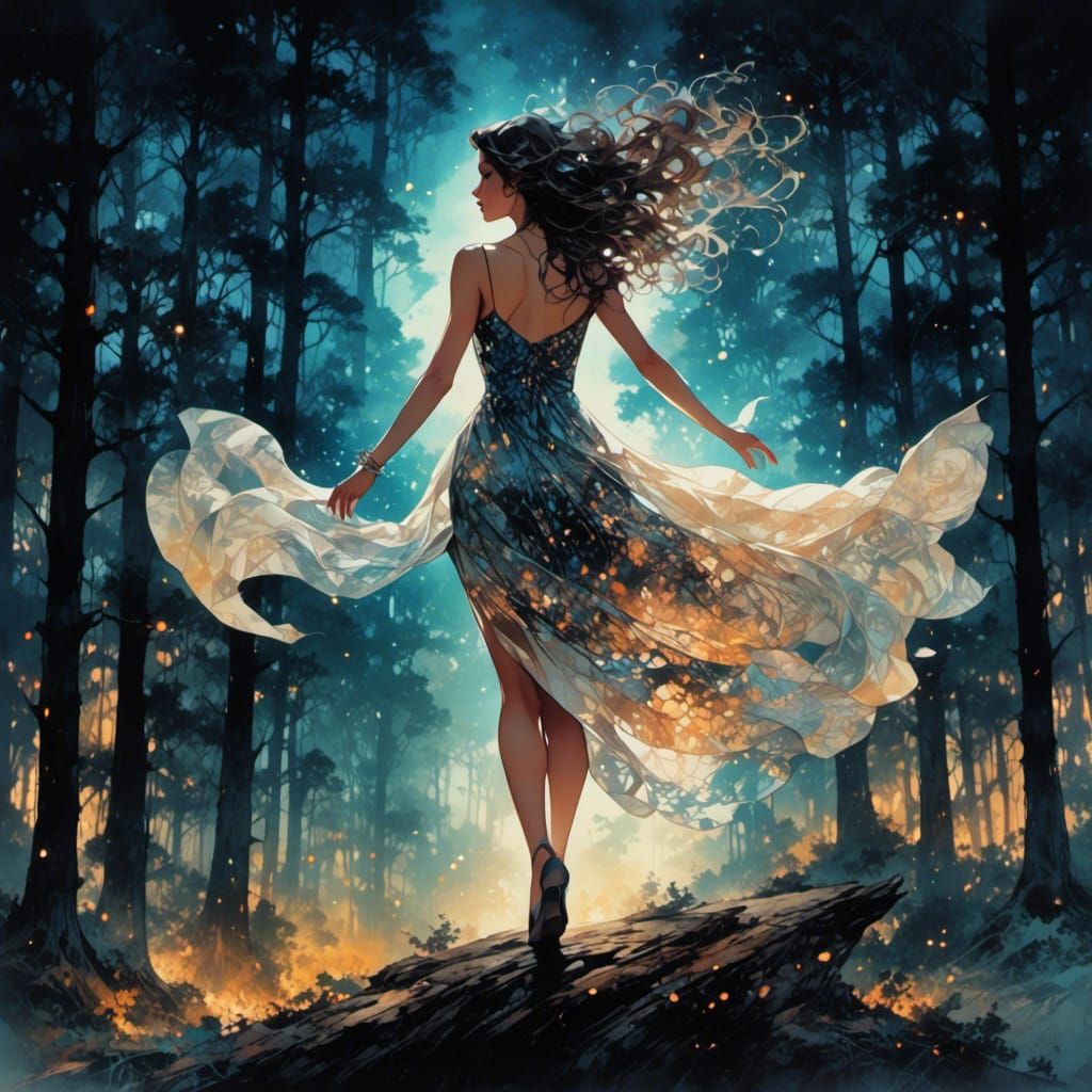 Double Exposure: Woman Dancing Under City Lights