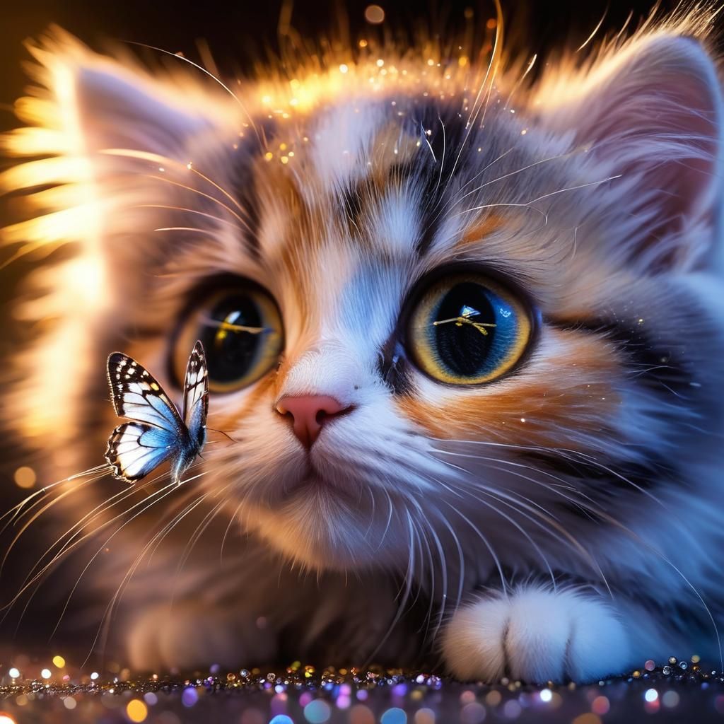 Close up of a cute fluffy calico kitten staring cross-eyed a...