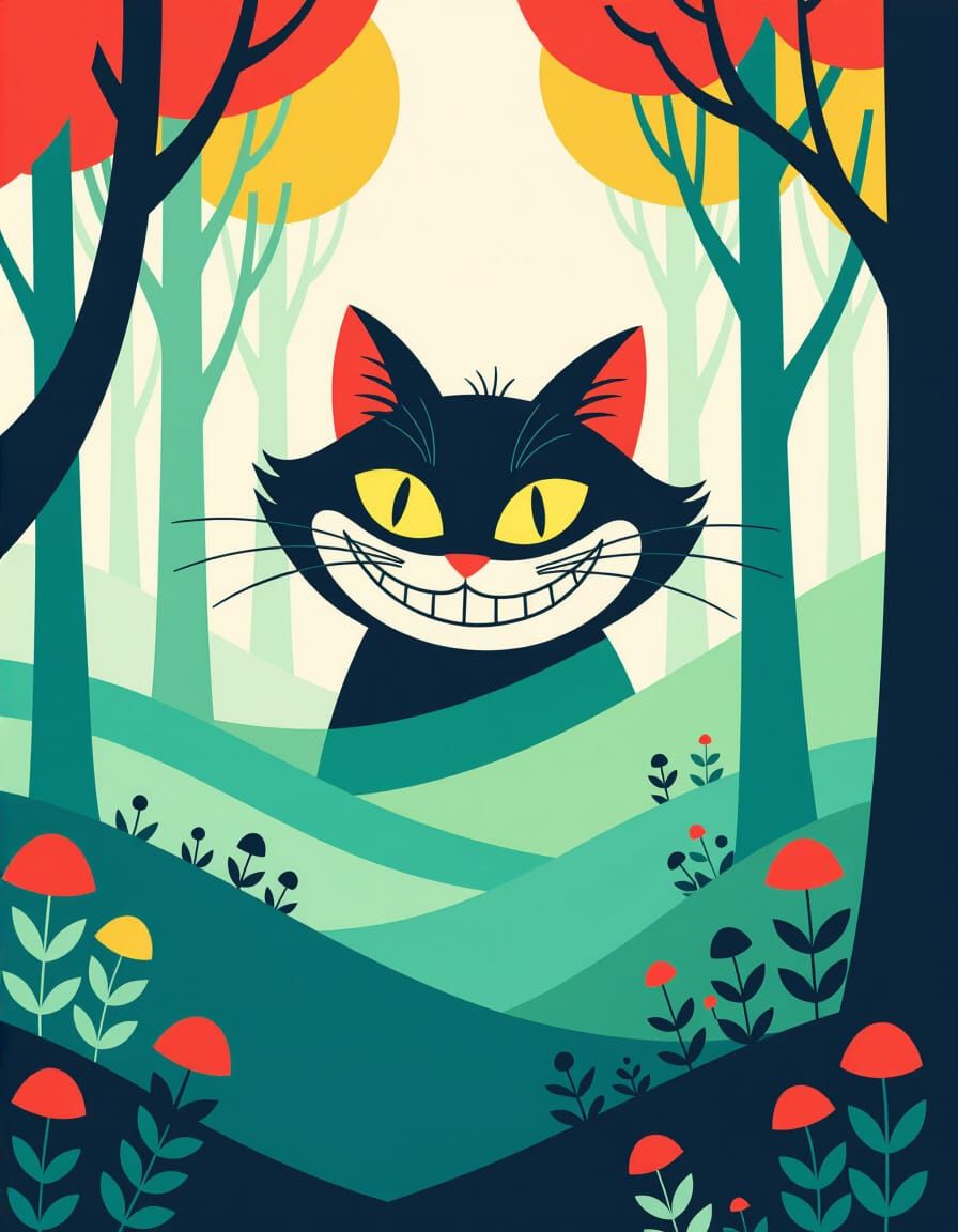Surreal Cheshire Cat Wonderland in Dreamlike Forest