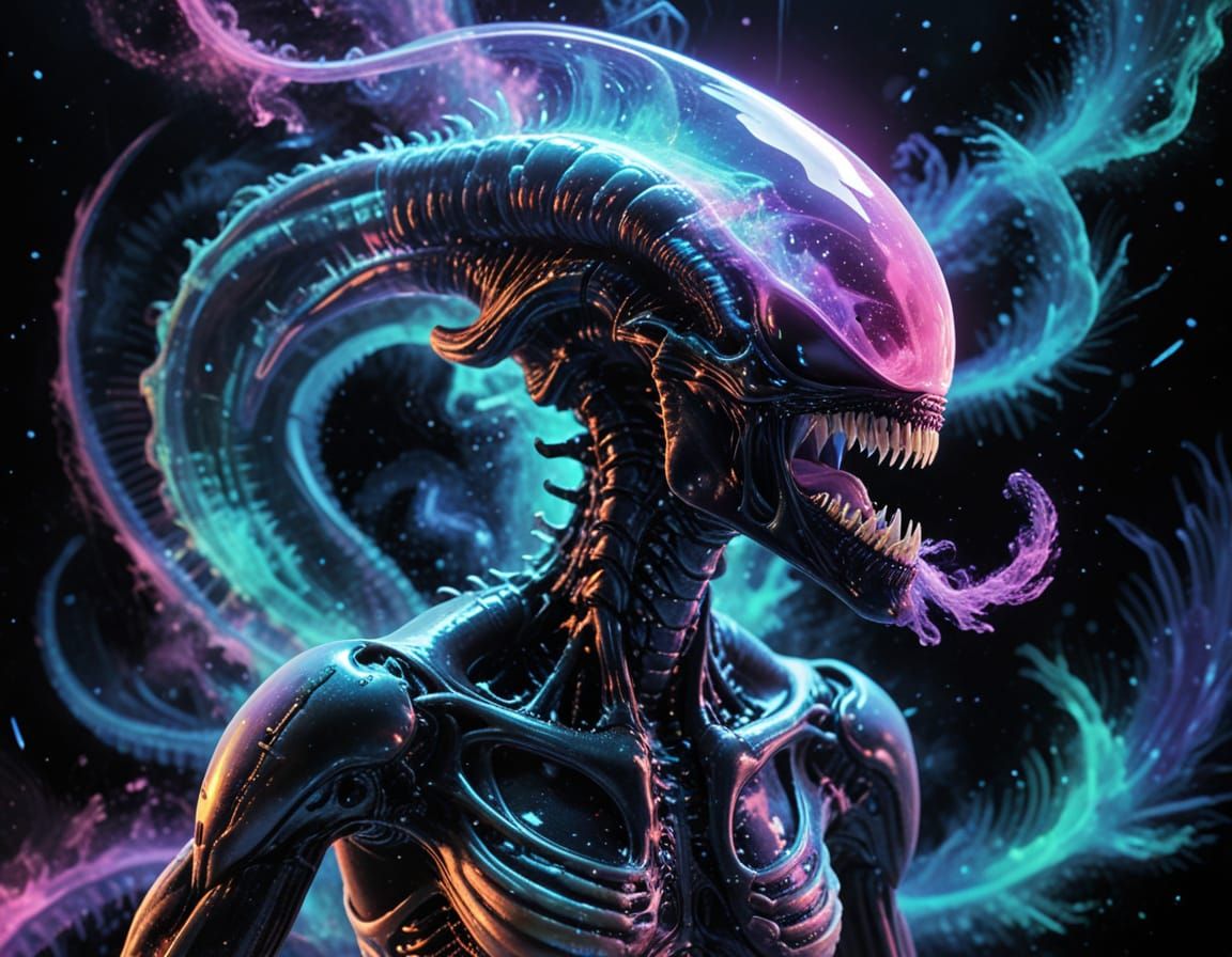Surreal Cosmic Vortex in Vibrant Xenomorphic Worlds