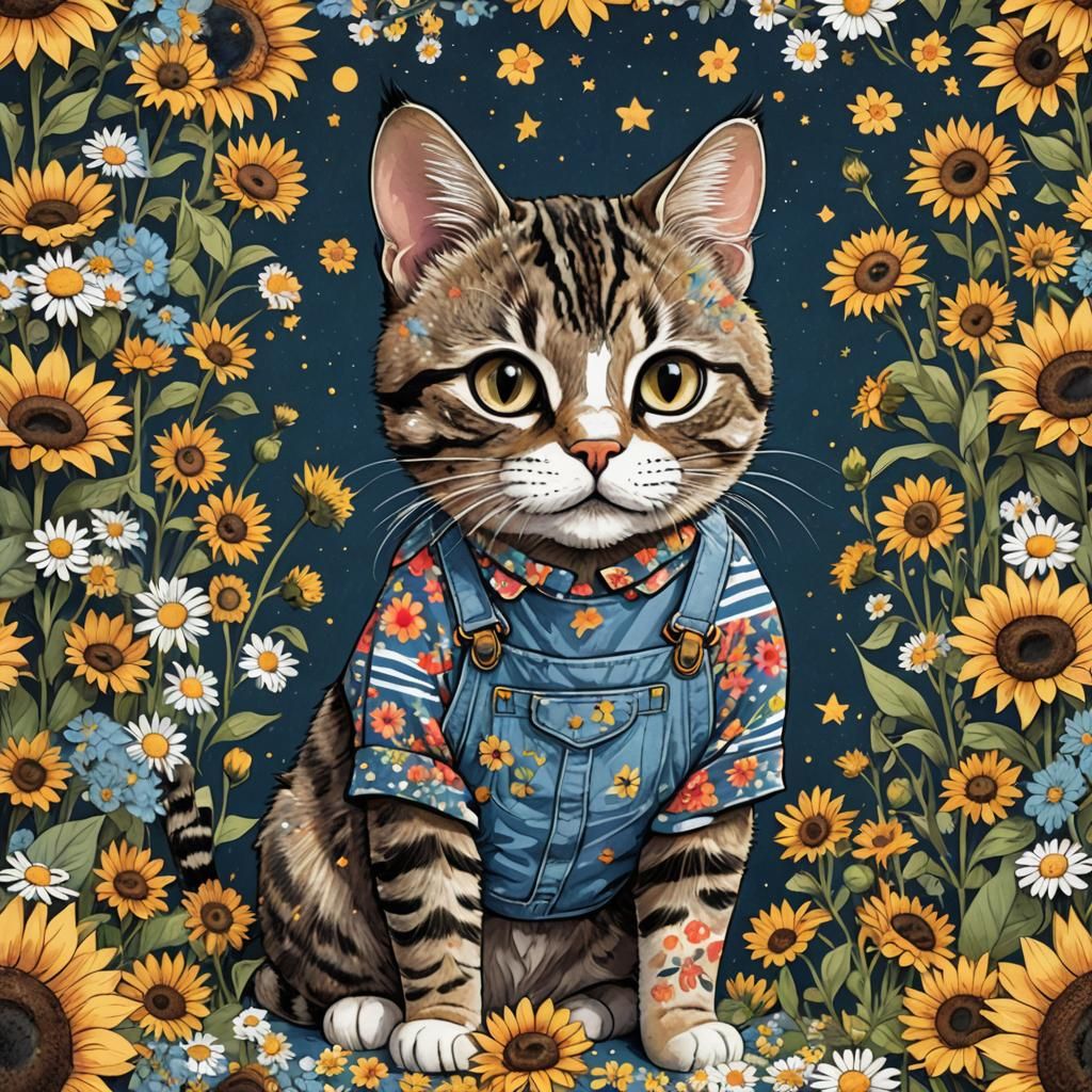 Whimsical Cat Portrait in Floral Overalls