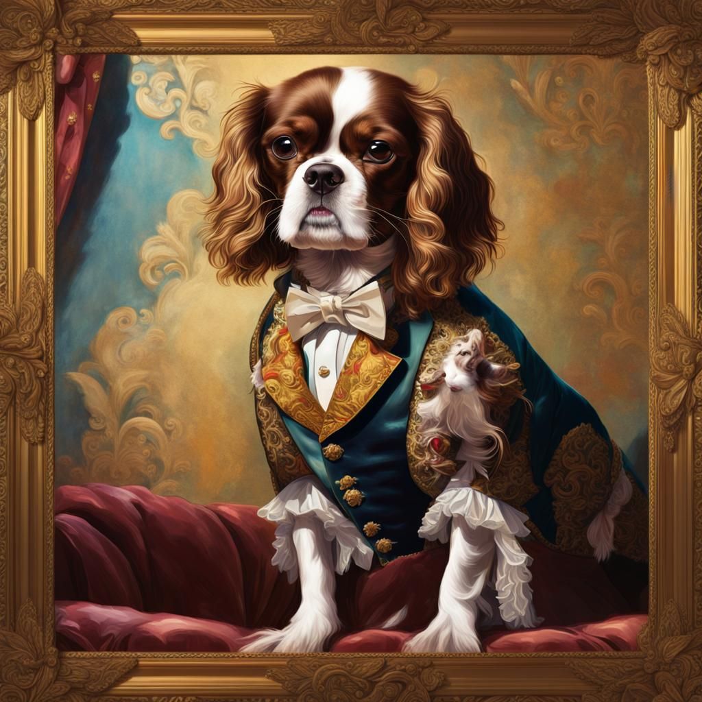 An anthropomorphic king Charles spaniel dressed in the cloth...