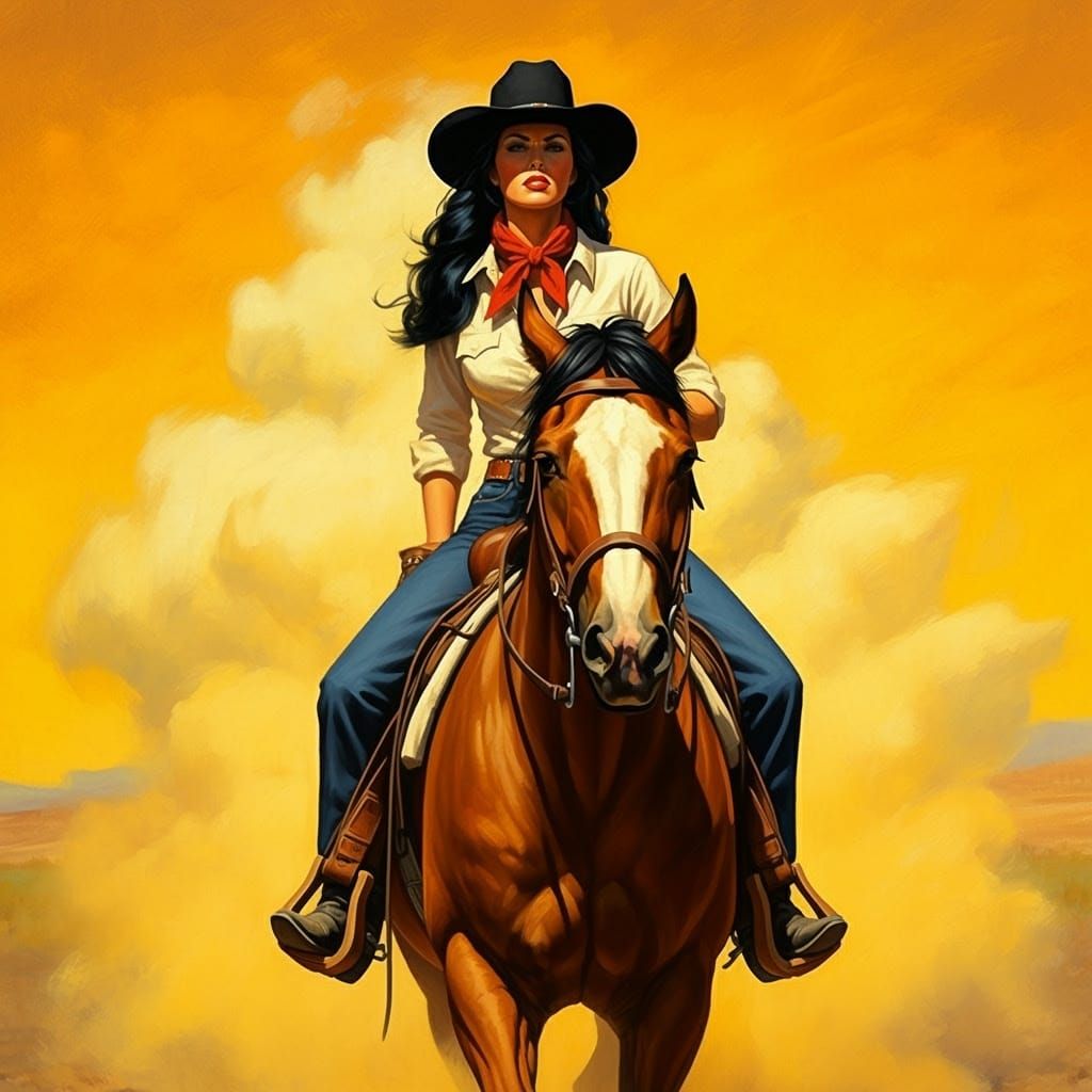 Fierce Cowgirl Rides Roan Horse as Oil Painting