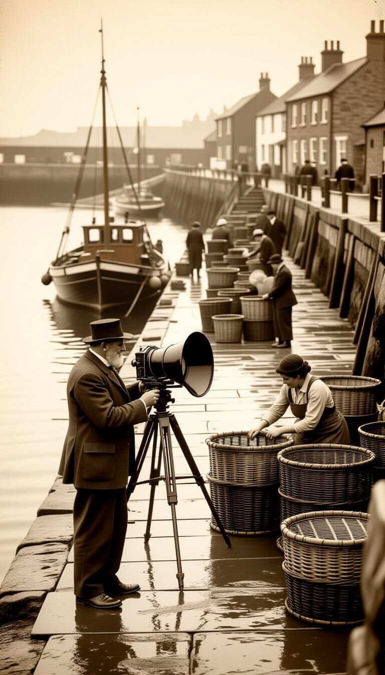 Yorkshire Fishing Village Scene with Vintage Camera
