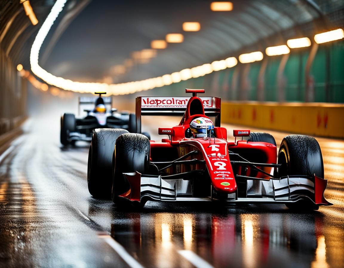 Formula One Cars Racing in Monte Carlo Rain