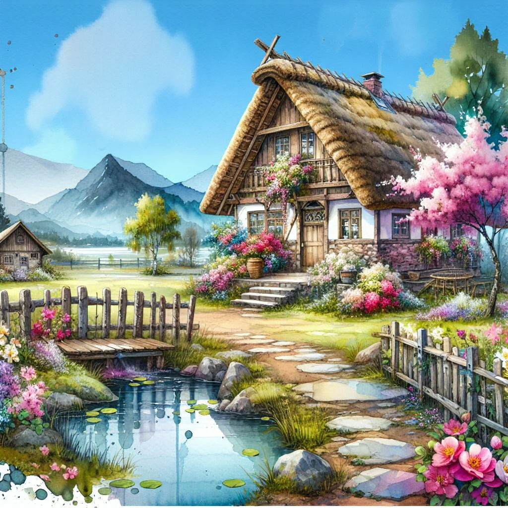Idyllic Thatched Cottage Landscape in Watercolor Style