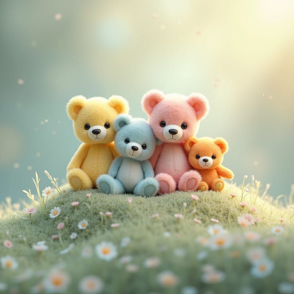 Pastel Teddy Bears Gather on a Fluffy Grass Hill in Whimsica...