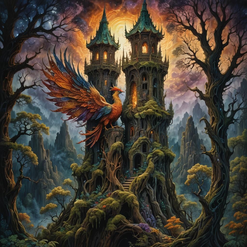 Phoenix Guarding Eerie Tower in Dark Forest
