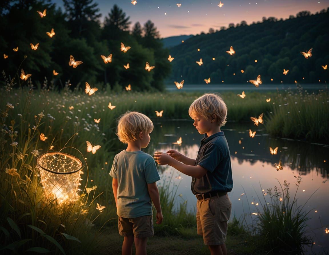Whimsical Summer Night Scene with Fireflies and Stars
